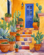 Yellow steps with cactus pots and blue door cross stitch kit for beginners