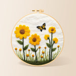Yellow sunflowers with butterfly needle felting kit for beginners with a round wooden frame
