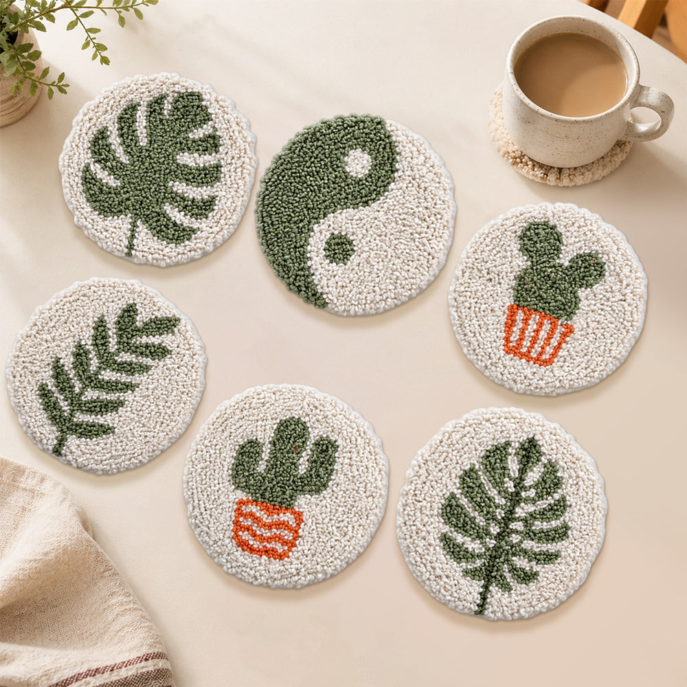 Zen cactus and plants punch needle coasters used for home decoration