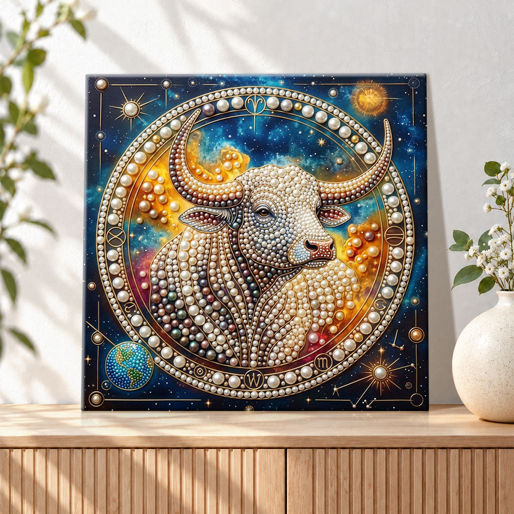 Finished zodiac taurus bull pearl diamond painting artwork displayed as holiday home decor